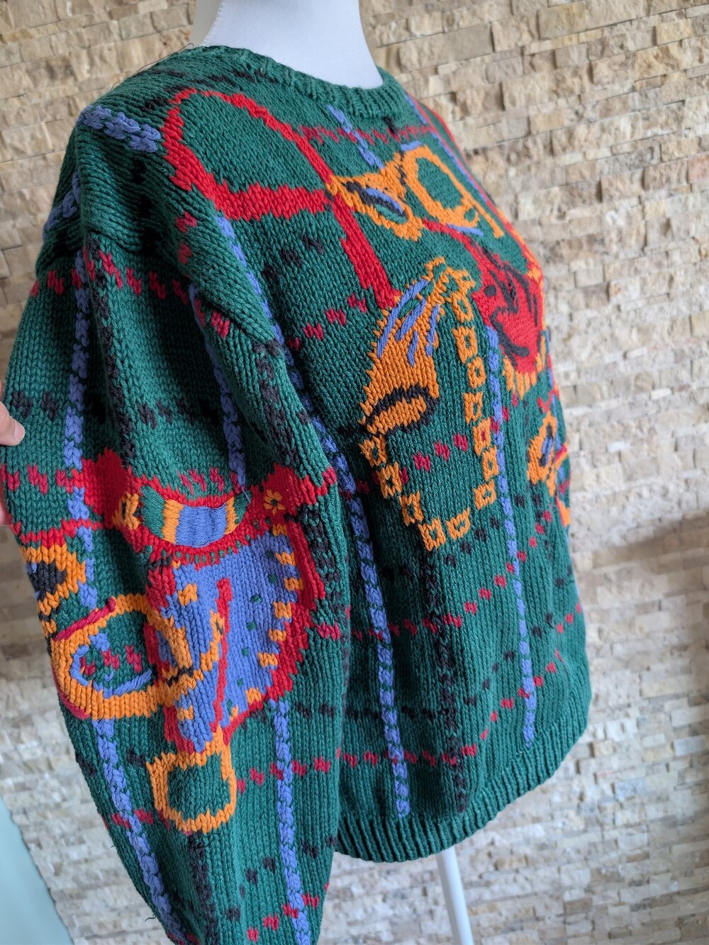 Vintage Holiday Plaid Knit Graphic Green Sweater Ramie Cotton Eclectic Sz M image 2